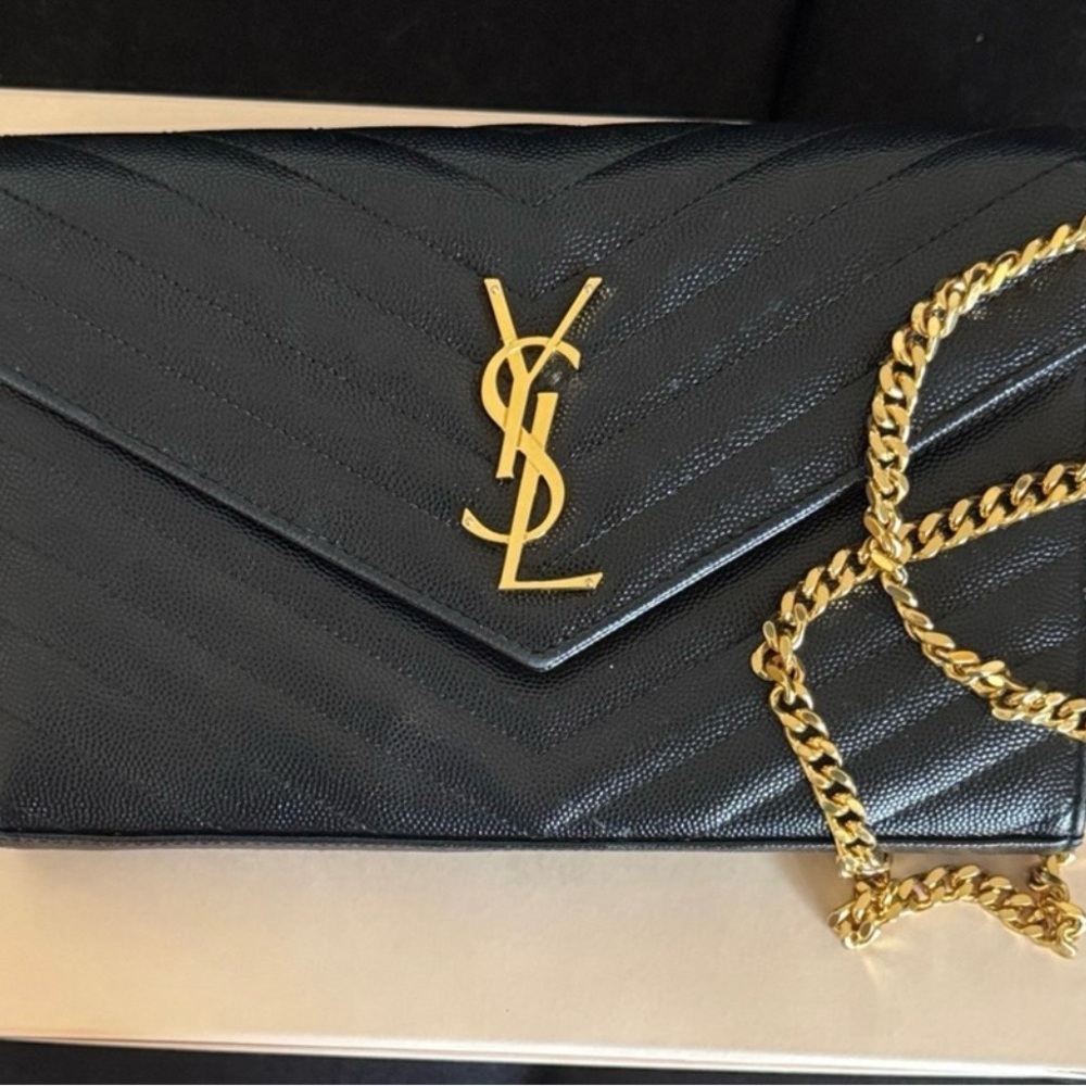 Yves Saint Laurent Beige Quilted Clutch with Gold Chain